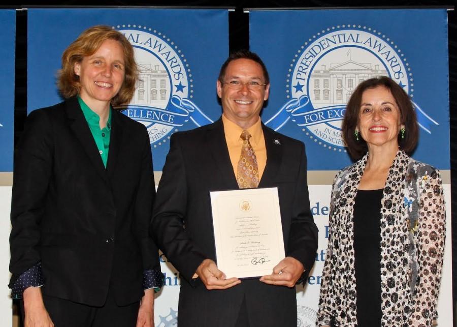 Mr. Scott Hertting (center) celebrates his Presidential Award with Megan Smith-United States Chief Technology Officer (left) and Dr. France Cordova -- Director of the National Science Foundation (right).
