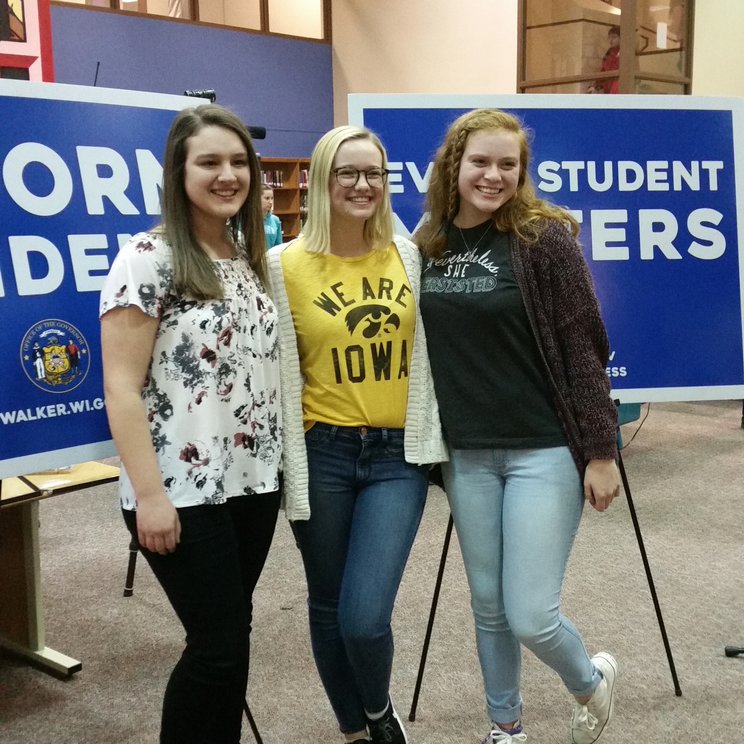 Lydia Engelbreth, Callie Hauerwas, and Beatrice Padgham asked the questions during Gov. Scott Walkers visit to NHS. 
