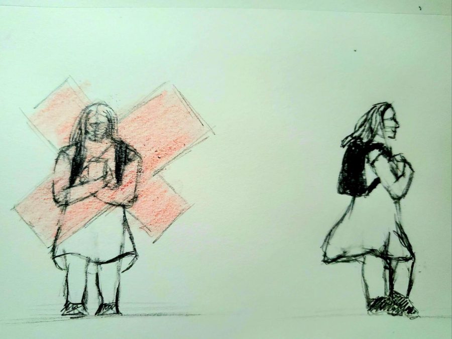 Sketch on the left shows a women looking said covered by a red cross. Sketch on the right shows the same women in the same outfit walking also happily.
