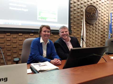 Both candidates, Jane Lang and Bryan Borchardt, smile for a photo shortly before the public forum on March 9, 2022.