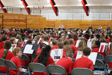 All of N.J.S.D.s band groups sit together in the Ron Einerson Fieldhouse in Neenah, Wis. on Feb. 6, 2023.