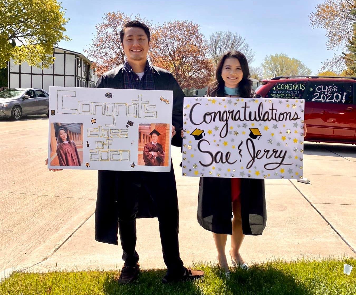 Associate Principal Yang (right) and her husband, Jerry (left), celebrate graduating with their masters degrees with a graduation parade during COVID. Photo provided by Sae Yang.